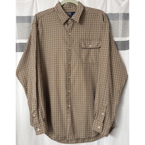 VTG Polo Ralph Lauren Mens Shirt Large Khaki Brown Plaid Button Down Sherborne - Picture 1 of 12